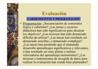 Evaluación 
LABOR DOCENTE Y PROGRAMACIÓN 
 Programación: ¿Secuenciación de contenidos 
lógica y coherente? ¿Las tareas y recursos 
didácticos han sido significativos para alcanzar 
los objetivos? ¿Los recursos han sido demasiado 
difíciles de utilizar? ¿Las tareas han resultado ser 
demasiado sencillas, o demasiado complejas? 
¿Las tareas han permitido que el alumnado 
desarrolle aprendizajes significativos y relevantes, 
o han resultado ser muy planas e incluso 
reforzadoras del aprendizaje memorístico? ¿Las 
técnicas e instrumentos de recogida de datos para 
realizar la evaluación han estado bien planteados? 
 