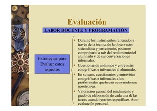 Evaluación 
LABOR DOCENTE Y PROGRAMACIÓN 
 Durante los instrumentos rellenados a 
través de la técnica de la observación 
sistemática y participante, podemos 
comprobarlo a raíz del rendimiento del 
alumnado y de sus conversaciones 
informales. 
 Cuestionarios anónimos y entrevistas 
etnográficas e informales al alumnado. 
 En su caso, cuestionarios y entrevistas 
etnográficas e informales a los 
profesionales que hayan cooperado con 
nosotros-as. 
 Valoración general del rendimiento y 
grado de elaboración de cada una de las 
tareas usando recursos específicos. Auto-evaluación 
personal. 
Estrategias para 
Evaluar estos 
aspectos 
 