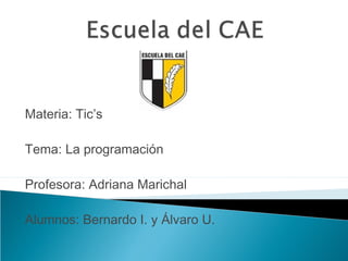 Materia: Tic’s
Tema: La programación
Profesora: Adriana Marichal
Alumnos: Bernardo I. y Álvaro U.
 