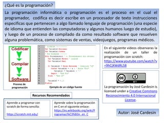 Ejemplo de un código fuente
Proceso de
programación
La programación informática o programación es el proceso en el cual el
programador, codifica es decir escribe en un procesador de texto instrucciones
especificas que pertenecen a algo llamado lenguaje de programación (una especie
de idioma que entienden las computadoras y algunos humanos luego de estudio),
y luego de un proceso de compilado da como resultado software que resuelven
alguna problemática, como sistemas de ventas, videojuegos, programas médicos.
¿Qué es la programación?
Aprende a programar con
scratch de forma sencilla:
https://scratch.mit.edu/
Aprende sobre la programación
en C en el siguiente enlace:
https://es.wikibooks.org/wiki/P
rogramaci%C3%B3n_en_C
Recursos Recomendados
En el siguiente videos observaras la
realización de un taller de
programación con scratch:
https://www.youtube.com/watch?v
=9hCjXWdRL58
La programación by José Cardesin is
licensed under a Creative Commons
Reconocimiento 4.0 Internacional
License.
Autor: José Cardesin
 