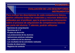 EVALUACIÓN
                            EVALUACIÓN DE LOS DESCRIPTORES:
                                              INSTRUMENTOS
Para evaluar los descriptores de cada competencia básica,
podrán utilizarse todos los materiales y recursos didácticos
utilizados por el profesor, que le proporcionen información
sobre el proceso de adquisición de competencias básicas
por parte del alumno. Y además, podrán utilizarse:
 Ejercicios de comprobación
 Ejercicios de V / F
 Pruebas de desarrollo
 Las producciones de los alumnos
 Aplicaciones prácticas realizadas
 Los cuadernos de los alumnos
 Los resultados de las actividades realizadas
 Escalas de observación
 Registros de conducta                                   30
 