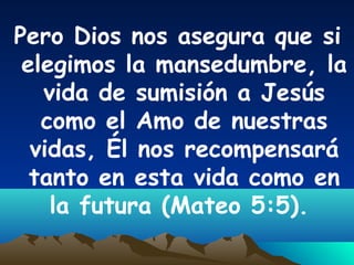 Pero Dios nos asegura que si
elegimos la mansedumbre, la
vida de sumisión a Jesús
como el Amo de nuestras
vidas, Él nos recompensará
tanto en esta vida como en
la futura (Mateo 5:5).
 