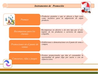 Instrumentos de Promoción



                             • Productos gratuitos o que se ofrecen a bajo costo
                               como incentivo para la adquisición de algún
         Premios               producto.




                             • Recompensas en efectivo o de otro tipo por el uso
  Recompensa para los          regular de los productos o servicios de alguna
       clientes                compañía.



                             • Exhibiciones o demostraciones en el punto de venta o
Promociones en el punto de     compra
         ventas


                             • Eventos promocionales que dan al consumidor la
                               oportunidad de ganar algo por suerte o con un
 Concursos, rifas y juegos     esfuerzo extra.
 