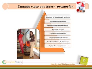 Cuando y por que hacer promoción

Mantener la demanda por la marca
Incrementar la demanda
Lanzamiento de nuevo producto
Mejorar la imagen
Enfrentar la competencia
Justificar cambios de precios
Revitalizar líneas de productos
Captar demanda estacional

#MarketingMixPromoción

 