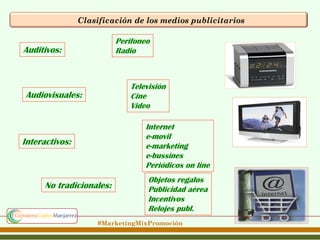 Clasificación de los medios publicitarios

Perifoneo
Radio

Auditivos:

Televisión
Cine
Video

Audiovisuales:

Internet
e-movil
e-marketing
e-bussines
Periódicos on line

Interactivos:

No tradicionales:

Objetos regalos
Publicidad aérea
Incentivos
Relojes publ.

#MarketingMixPromoción

 