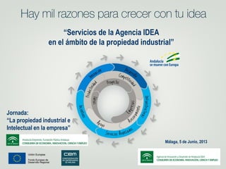 ¡’0987654321
Jornada:
“La propiedad industrial e
Intelectual en la empresa”
Málaga, 5 de Junio, 2013
“Servicios de la Agencia IDEA
en el ámbito de la propiedad industrial”
 