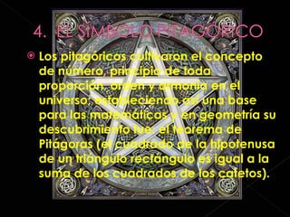 Los pitagóricos cultivaron el concepto de número, principio de toda proporción, orden y armonía en el universo; estableciendo así una base para las matemáticas y en geometría su descubrimiento fue: el teorema de Pitágoras (el cuadrado de la hipotenusa de un triángulo rectángulo es igual a la suma de los cuadrados de los catetos).  