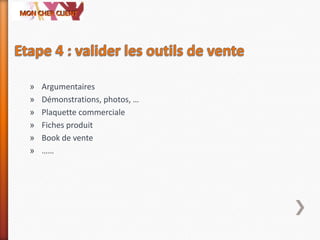 » Argumentaires
» Démonstrations, photos, …
» Plaquette commerciale
» Fiches produit
» Book de vente
» ……
 