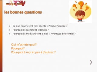 » Ce que m’achètent mes clients : Produit/Service ?
» Pourquoi ils l’achètent : Besoin ?
» Pourquoi ils me l’achètent à moi : Avantage différentiel ?
Qui m’achète quoi?
Pourquoi?
Pourquoi à moi et pas à d’autres ?
 