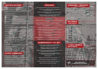 Menú casero diario y
Menú especial fin de semana
Pregunta
por
nuestro
Precios
Sala/Terraza
Precios
Sala/Terraza
Flan casero con nata 3 / 3,5
Panacota casera con sirope de fresa 3 / 3,5
Coulant relleno de chocolate y bola de helado 4,5 / 5
Tarta templada de queso con bolita de helado 4,5 / 5
SURTIDO DE POSTRES: flan y panacota caseros, bola
de helado acompañados de nuestro coulant de chocolate 9 / 9,5
Helados variados (cono helado, magnum, tarrina o bombón) 2,1 / 2,6
y para terminar
algo dulce......
Pulled pork con lechuga y tomate natural 5 / 5,5
Calamares 4,5 / 5
Jamón Serrano 4,5 / 5
Bacon 4 / 4,5
Tortilla Francesa 4 / 4,5
Tortilla Española/Pincho de tortilla 3 / 3,5
Lomo con queso 4,5 / 5
Pepito de ternera 5,5 / 6
Salchichas Frankfurt 5 / 5,5
Bonito con tomate o pimientos 4 / 4,5
- Si prefiere algún bocadillo
diferente, pregúntenos -
BOCADILLOS
EMPANADAS: Empanada casera estilo chileno 3,5 / 4
SEGOVIANO: jamón york, queso, bacon y huevo frito 4,5 / 5
CHICKEN: filete de pollo, queso y cebolla caramelizada 4,5 / 5
VEGETAL: lechuga, tomate, huvo duro, espàrragos y mayonesa 4,5 / 5
GABACHO: tortilla francesa, queso fundido y pimientos 4,5 / 5
ESPECIAL PROSPE: 3 pisos de pan, pollo, queso, bacon,
tomate, lechuga y mahonesa 5,5 / 6
SANDWICHES Y EMPANADAS
- sumplemento de patatas 1,5€ -
MIXTA: lechuga, tomate, cebolla, huevo duro, espàrrago y bonito 5,5 / 6
AL RULO: lechuga, tomatitos cherry, cebolla caramelizada y
rulo de cabra templado 6 / 6,5
VENTRESCA y PIMIENTOS ASADOS: tomate, cebolla, pimientos asados y
ventresca de atún 9,5 / 10
DE POLLO: lechuga, pollo crujiente, tomate cherry, virutas de
almendra y nuestra salsa de mostaza y miel 7,5 / 8
ENSALADAS
SERRANA: pan rústico, tomate natural, jamón serrano y chorrito de aceite de
oliva virgen 4,5 / 5
POLLO AL CURRY: pan rústico, pollo al curry y cebolla caramelizada 6 / 6,5
MATRIMONIO DE MAR: pan rústico, tomate natural, anchoas, boquerones y
piparras 4,5 / 5
VENTRESCA: pan rústico, pimientos asados y ventresca 5,5 / 6
LACÓN CON BRIE: pan rústico, tomate natural, queso Brie y lacón plancha
aderezado con pimentón dulce 5 / 5,5
AL RULO: pan rústico, rulo de cabra plancha, cebolla caramelizada y
mermelada de tomate 4,5 / 5
IBÉRICA: pan rústico, solomillitos plancha, queso Brie fundido y
cebolla caramelizada 7 / 7,5
SALMÓN CON AGUACATE: pan rústico, aguacate fresco y salmón ahumado 5,5 / 6
SALMÓN CON BRIE: pan rústico, queso Brie y salmón ahumado 5,5 / 6
TOSTAS
SENCILLA: nuestra carne fresca, lechuga, tomate y cebolla,
acompañada de patatas fritas naturales 6 / 6,5
CON QUESO: carne, lechuga, tomate, cebolla y queso,
acompañada de patatas fritas naturales 6,5 / 7
PROSPE PLUS: carne, lechuga, tomate, cebolla, queso, bacon y huevo frito,
acompañada de patatas fritas naturales 7,5 / 8
POLLO: filete de pollo, lechuga, tomate y cebolla caramelizada,
acompañada de patatas fritas naturales 6 / 6,5
PERRITO CALIENTE 2,5 / 3
NACHOS: con guacamole, queso fundido y pico de gallo 8,5 / 9
TACOS: 3 tacos de cochinita pibil a nuestra manera 7,5 / 8
QUESADILLA: de aguacate, queso Brie y pollo con pico de gallo 6 / 6,5
QUESADILLA: de jamón y queso con pico de gallo 4,5 / 5
HAMBURGUESAS Y TEX MEX
Nº 1: filete de ternera (o pollo) con huevo frito y patatas 8 / 8,5
Nº 2: hamburguesa prospe al plato con croquetas caseras y ensalada 8 / 8,5
Nº 3: filete de ternera, huevo frito, ensaladilla casera y jamón serrano 8 / 8,5
Nº 4: cinta de lomo (o bacon) huevos fritos y patatas 8 / 8,5
Nº 5: filete de pollo (o ternera) con verduras salteadas o ensalada 8 / 8,5
PLATOS COMBINADOS
Cachopo asturiano con patatas y pimientos de padrón 12 / 12,5
Pimientos de Padrón (unos pican... e outros non) 8 / 8,5
Jamón ibérico, corte a cuchillo y acompañado de una tosta con tomate
natural 16,5 / 17
Torreznitos ibéricos de Soria 7 / 7,5
Patatas bravas, receta familiar 5 / 5,5
Patatas Ali-Oli 5 / 5,5
Pulpo a la gallega o plancha (cocido artesanalmente) 165g 14 / 14,5
Queso provolone italiano servido en cazuela de barro calentita y tomate
rallado natural 8,5 / 9
Cazón macerado en nuestro propio adobo 8,5 / 9
Ensaladilla casera con atún 6 / 6,5
Huevos rotos a elegir con: jamón serrano, chistorrita vasca o gulas 9 / 9,5
Croquetón casero de jamón (6 unidades) 6,5 / 7
Surtido de minicroquetinas asturianas gourmet (jamón, queso azul, marisco y
chipirón) 16 unidades 7 / 7,5
Oreja adobada plancha 6,5 / 7
Alitas de pollo 7,5 / 8
Tequeños venezolanos (finguers de queso artesano) 7,5 / 8
Callos a la madrileña, receta de la abuela 6,5 / 7
Albóndigas de ternera con su guiso casero 6,5 / 7
Calamares a la andaluza 10 / 10,5
Finguers de pollo con patatas fritas (especial para los más peques) 6 / 6,5
Sepia a la plancha con salsa Ali Oli 12 / 12,5
Boquerones en vinagre 7,5 / 8
Matrimonio de mar (anchoas y boquerones) 8,5 / 9
NUESTRAS RACIONES
 