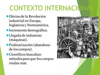 CONTEXTO INTERNACIONAL
3
⚫Efectosde la Revolución
industrial en Europa,
Inglaterra y Norteamérica.
⚫Incrementodemográfico.
⚫Llegadade industrias
(máquinas).
⚫Proletarización (abandono
de loscampos).
⚫Científicos buscaban
métodos para que loscampos
rindan más.
 