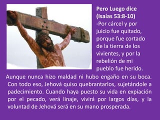Pero Luego dice
                                   (Isaías 53:8-10)
                                   -Por cárcel y por
                                   juicio fue quitado,
                                   porque fue cortado
                                   de la tierra de los
                                   vivientes, y por la
                                   rebelión de mi
                                   pueblo fue herido.
Aunque nunca hizo maldad ni hubo engaño en su boca.
Con todo eso, Jehová quiso quebrantarlos, sujetándole a
padecimiento. Cuando haya puesto su vida en expiación
por el pecado, verá linaje, vivirá por largos días, y la
voluntad de Jehová será en su mano prosperada.
 