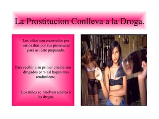 La Prostitucion Conlleva a la Droga. L os niños son encerrados por varios días por sus pro se netas para así este preparado . P ara recibir a   su primer cliente son drogad o s para así hagan mas rendimiento . L os niños  se  vuelven adictos a las drogas . 