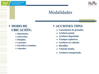 Modalidades
 MODO DE
UBICACIÓN:
 Depositados.
 Enterrados.
 Dirigidos.
 Lanzados.
 Enviados o remitidos.
 Adosados.
 ACCIONES TIPO:
 Lanzamiento de granadas.
 Artefacto postal.
 Artefacto depositado.
 Trampas explosivas.
 Artefacto en vehículo.
 Hornillos.
 Vehículo bomba.
 Artefacto transportado.
 