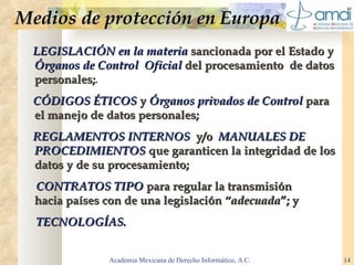Medios de protección en Europa LEGISLACIÓN en la materia   sancionada por el Estado y  Órganos de Control  Oficial   del procesamiento  de datos personales; .   CÓDIGOS ÉTICOS   y  Órganos privados de Control   para  el manejo de datos personales; REGLAMENTOS INTERNOS   y/o  MANUALES DE PROCEDIMIENTOS  que garanticen la integridad de los datos y de su procesamiento;  CONTRATOS TIPO   para regular la transmisión  hacia países con de una legislación  “adecuada ”; y TECNOLOGÍAS.   Academia Mexicana de Derecho Informático, A.C. 