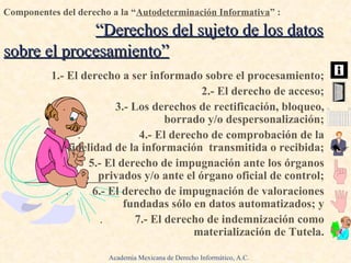 1.- El derecho a ser informado sobre el procesamiento; 2.- El derecho de acceso; .   3.- Los derechos de rectificación, bloqueo, borrado y/o despersonalización; .  4.- El derecho de comprobación de la fidelidad de la información  transmitida o recibida; .  5.- El derecho de impugnación ante los órganos privados y/o ante el órgano oficial de control; .  6.- El derecho de impugnación de valoraciones fundadas sólo en datos automatizados; y .  7.- El derecho de indemnización como materialización de Tutela. Componentes del derecho a la “ Autodeterminación Informativa ” :   .   “ Derechos del sujeto de los datos sobre el procesamiento ” Academia Mexicana de Derecho Informático, A.C. 