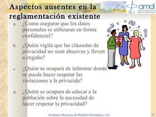 Aspectos ausentes en la  reglamentación existente ¿Como asegurar que los datos personales se utilizaran en forma confidencial? ¿Quién vigila que las cláusulas de privacidad no sean abusivas y lleven a engaño? ¿Quién se ocupará de informar donde se puede hacer respetar las violaciones a la privacida? ¿Quién se ocupara de educar a la población sobre la necesidad de hacer respetar la privacidad? Academia Mexicana de Derecho Informático, A.C. 