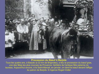 Procession du Bœuf à Barjols Tous les quatre ans, à Barjols (à 22 km de Brignoles), a lieu la procession du bœuf gras, une des fêtes les plus courues de Provence, héritière de l'antique fête païenne du taureau. Aujourd'hui encore, à la Saint-Marcel, en janvier, on bénit le bœuf devant l'effigie du patron de Barjols. © Agence Roget-Viollet 