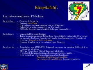 CORTEX
                                                                                       limbique
                                       Récapitulatif .

Les trois cerveaux selon P Maclean :
Le reptilien :    -   Cerveau de la survie
                  -   Cerveau du réflexe
                  -   Il ne sais pas innover, accepte mal la différence .
                  -   Refuse la curiosité, pas ouvert sur le monde .
                  -   Difficulté à apprendre, s’arrête à la langue maternelle …

Le limbique :     -   Imperméable à toute logique
                  -   Toute information passe d’abord par lui, est filtrée, puis excite (!) le cortex .
                  -   La mémoire limbique (long terme) stocke tous les souvenirs ! (émotions)
                  -   Il permet d’acquérir de l’expérience .
                  -   Il assure le début de la connaissance par l’image .

Le néo-cortex :   - Il n’est plus une MACHINE, il répond ou pas ou de manière différente à un
                       stimulus identique .
                  - Mère de l’invention, Père de la pensée abstraite .
                  - Il produit le langage, les idées, les raisonnements « froids » .
                  - Il est capable de : Lecture, d’écriture, d’arithmétique .
                                        Analyser, D’anticiper, de décider .
                                        De résoudre des problèmes, de conceptualiser .
 