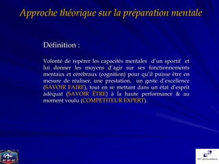 Approche théorique sur la préparation mentale


     Définition :

     Volonté de repérer les capacités mentales d’un sportif et
     lui donner les moyens d’agir sur ses fonctionnements
     mentaux et cérébraux (cognition) pour qu’il puisse être en
     mesure de réaliser, une prestation, un geste d’excellence
     (SAVOIR FAIRE), tout en se mettant dans un état d’esprit
     adéquat (SAVOIR ÊTRE) à la haute performance & au
     moment voulu (COMPETITEUR EXPERT).
 