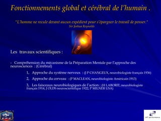 Fonctionnements global et cérébral de l’humain .
  "L’homme ne recule devant aucun expédient pour s’épargner le travail de penser."
                                     Sir Joshua Reynolds




Les travaux scientifiques :

- Compréhension du mécanisme de la Préparation Mentale par l’approche des
neurosciences : (Cérébral)
         1, Approche du système nerveux : (J P CHANGEUX, neurobiologiste français 1936)
         2, Approche du cerveau : (P MACLEAN, neurobiologiste Américain 1913)
         3, Les faisceaux neurobiologiques de l’action : (H LABORIT, neurobiologiste
         français 1914, J OLDS neuroscientifique 1922, P MILNER USA)
 
