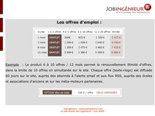 Exemple   : Le produit 6 à 10 offres / 12 mois permet le renouvellement illimité d'offres, dans la limite de 10 offres en simultanée sur le site. Chaque offre (texte+logo) est diffusée 60 jours sur le site, auprès des abonnés à l'alerte email et aux flux RSS, auprès des écoles et associations d'anciens et sur les méta-moteurs partenaires. Les offres d'emploi : 