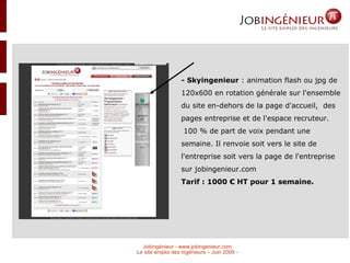 - Skyingenieur  : animation flash ou jpg de 120x600 en rotation générale sur l'ensemble du site en-dehors de la page d'accueil,  des pages entreprise et de l'espace recruteur. 100 % de part de voix pendant une semaine. Il renvoie soit vers le site de l'entreprise soit vers la page de l'entreprise sur jobingenieur.com Tarif : 1000 € HT pour 1 semaine. 
