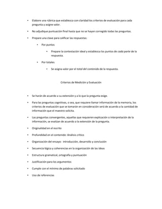•   Elabore una rúbrica que establezca con claridad los criterios de evaluación para cada
    pregunta y asigne valor.

•   No adjudique puntuación final hasta que no se hayan corregido todas las preguntas.

•   Prepare una clave para calificar las respuestas:

        •   Por puntos

                •   Prepare la contestación ideal y establezca los puntos de cada parte de la
                    respuesta.

        •   Por totales

                •   Se asigna valor por el total del contenido de la respuesta.



                             Criterios de Medición y Evaluación



•   Se harán de acuerdo a su extensión y a lo que la pregunta exige.

•   Para las preguntas cognitivas, o sea, que requiere llamar información de la memoria, los
    criterios de evaluación que se tomarán en consideración será de acuerdo a la cantidad de
    información que el maestro solicita.

•   Las preguntas convergentes, aquellas que requieren explicación o interpretación de la
    información, se evalúan de acuerdo a la extensión de la pregunta.

•   Originalidad en el escrito

•   Profundidad en el contenido: Análisis crítico

•   Organización del ensayo: introducción, desarrollo y conclusión

•   Secuencia lógica y coherencias en la organización de las ideas

•   Estructura gramatical, ortografía y puntuación

•   Justificación para los argumentos

•   Cumple con el mínimo de palabras solicitado

•   Uso de referencias
 
