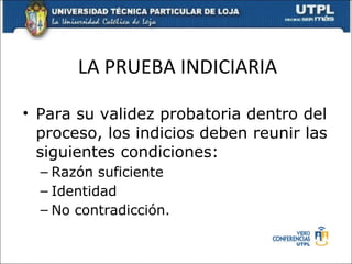 LA PRUEBA INDICIARIA Para su validez probatoria dentro del proceso, los indicios deben reunir las siguientes condiciones: Razón suficiente Identidad No contradicción. 