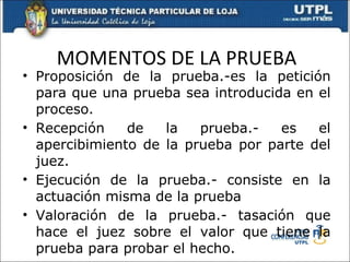 MOMENTOS DE LA PRUEBA Proposición de la prueba.-es la petición para que una prueba sea introducida en el proceso. Recepción de la prueba.- es el apercibimiento de la prueba por parte del juez. Ejecución de la prueba.- consiste en la actuación misma de la prueba Valoración de la prueba.- tasación que hace el juez sobre el valor que tiene la prueba para probar el hecho. 