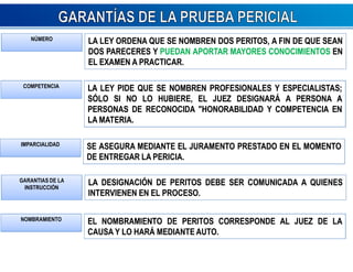 NNÚÚMMEERROO LA LEY ORDENA QUE SE NOMBREN DOS PERITOS, A FIN DE QUE SEAN 
DOS PARECERES Y PUEDAN APORTAR MAYORES CONOCIMIENTOS EN 
EL EXAMEN A PRACTICAR. 
CCOOMMPPEETTEENNCCIIAA LA LEY PIDE QUE SE NOMBREN PROFESIONALES Y ESPECIALISTAS; 
SÓLO SI NO LO HUBIERE, EL JUEZ DESIGNARÁ A PERSONA A 
PERSONAS DE RECONOCIDA "HONORABILIDAD Y COMPETENCIA EN 
LA MATERIA. 
IIMMPPAARRCCIIAALLIIDDAADD SE ASEGURA MEDIANTE EL JURAMENTO PRESTADO EN EL MOMENTO 
DE ENTREGAR LA PERICIA. 
GARANTIAS DE LA 
INSTRUCCIÓN 
LA DESIGNACIÓN DE PERITOS DEBE SER COMUNICADA A QUIENES 
INTERVIENEN EN EL PROCESO. 
NNOOMMBBRRAAMMIIEENNTTOO EL NOMBRAMIENTO DE PERITOS CORRESPONDE AL JUEZ DE LA 
CAUSA Y LO HARÁ MEDIANTE AUTO. 
 