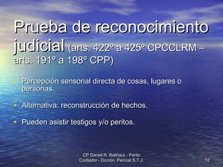 Prueba de reconocimiento judicial   (arts. 422º a 425º CPCCLRM – arts. 191º a 198º CPP) Percepción sensorial directa de cosas, lugares o personas. Alternativa: reconstrucción de hechos. Pueden asistir testigos y/o peritos. CP Daniel R. Balihaut - Perito Contador - Dcción. Pericial S.T.J. 