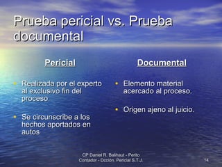 Prueba pericial vs. Prueba documental Pericial Realizada por el experto al exclusivo fin del proceso Se circunscribe a los hechos aportados en autos Documental Elemento material acercado al proceso. Origen ajeno al juicio. CP Daniel R. Balihaut - Perito Contador - Dcción. Pericial S.T.J. 