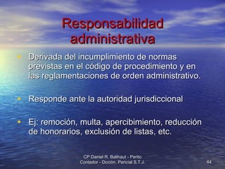 Responsabilidad administrativa Derivada del incumplimiento de normas previstas en el código de procedimiento y en las reglamentaciones de orden administrativo. Responde ante la autoridad jurisdiccional Ej: remoción, multa, apercibimiento, reducción de honorarios, exclusión de listas, etc. CP Daniel R. Balihaut - Perito Contador - Dcción. Pericial S.T.J. 