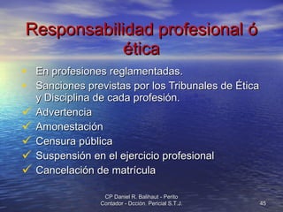 Responsabilidad profesional ó ética En profesiones reglamentadas. Sanciones previstas por los Tribunales de Ética y Disciplina de cada profesión. Advertencia Amonestación Censura pública Suspensión en el ejercicio profesional Cancelación de matrícula CP Daniel R. Balihaut - Perito Contador - Dcción. Pericial S.T.J. 