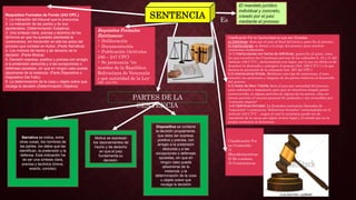 El mandato jurídico
individual y concreto,
creado por el juez
mediante el proceso
Clasificación Por la Oportunidad en que son Dictadas:
a) Definitivas: dicta por el juez al final del juicio y pone fin al proceso.
b) Interlocutorias: se dictan a lo largo del proceso, para resolver
cuestiones incidentales
b.1) Interlocutorias con fuerza de definitivas, ponen fin al juicio, como
las que resuelven las Cuestiones previas de los ordinales 9, 10 y 11 del
Artículo 346 C P.C., declarándolas con lugar, por lo que su efecto es de
desechar la demanda y extinguir el proceso (Art. 356 C.P.C.) o la que
declara la perención de la instancia (art. 267 del CPC.)
b.2) interlocutoria Simple. Mediante este tipo de sentencias, el juez
resuelve las peticiones y alegatos de las partes relativas al desarrollo
del proceso
b.3) Autos de Mero Trámite dicta el juez por necesidad del proceso,
para ordenarlo o impulsarlo, pero que no resuelven ningún punto
controvertido, ni alguna petición de alguna de las partes, ellas no
tienen previsto el recurso procesal de apelación y son revocables por
“contrarío imperio”
b.4) Definitivas formales: La llamadas sentencias llamadas de
"reposición" o sentencias “definitivas formales” contempladas en el
Artículo 245 C.P.C. , según el cual la sentencia puede ser de
reposición de la causa por algún motivo legal y al estado que en la
propia sentencia se determine
Clasificación Por
su Contenido:
1)
Merodeclarativas
2) De condena
3) Constitutivas
Requisitos Formales de Fondo (243 CPC.)
1. La indicación del tribunal que la pronuncia.
2. La indicación de las partes y de sus
apoderados. (Determinación Subjetiva)
3. Una síntesis clara, precisa y lacónica de los
términos en que ha quedado planteada la
controversia, sin transcribir en ella los actos del
proceso que constan en Autos. (Parte Narrativa)
4. Los motivos de hecho y de derecho de la
decisión. (Parte Motiva)
5. Decisión expresa, positiva y precisa con arreglo
a la pretensión deducida y a las excepciones o
defensas opuestas, sin que en ningún caso pueda
absolverse de la instancia. (Parte Dispositiva o
Dispositivo Del Fallo)
6. La determinación de la cosa u objeto sobre que
recaiga la decisión (Determinación Objetiva)
Requisitos Formales
Extrínsecos:
• Deliberación
• Documentación
• Publicación (Artículos
246 – 247 CPC)
• Se pronuncia “en
nombre de la República
Bolivariana de Venezuela
y por autoridad de la Ley”
ART. 242 CPC
Narrativa se indica, entre
otras cosas, los nombres de
las partes, los datos que las
identifican, la pretensión y la
defensa. Esta indicación ha
de ser una síntesis clara,
precisa y lacónica (breve,
exacto, conciso)
Motiva se expresan
los razonamientos de
hecho y de derecho
en que el juez
fundamenta su
decisión.
Dispositiva se contiene
la decisión propiamente,
que debe ser expresa,
positiva y precisa, con
arreglo a la pretensión
deducida y a las
excepciones o defensas
opuestas, sin que en
ningún caso pueda
absolverse de la
instancia, y la
determinación de la cosa
u objeto sobre que
recaiga la decisión
Es
PARTES DE LA
SENTENCIA
SENTENCIA
 