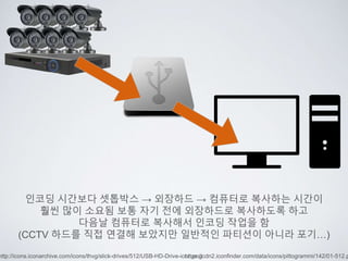 http://icons.iconarchive.com/icons/thvg/slick-drives/512/USB-HD-Drive-icon.pnghttps://cdn2.iconfinder.com/data/icons/pittogrammi/142/01-512.p
인코딩 시간보다 셋톱박스 → 외장하드 → 컴퓨터로 복사하는 시간이
훨씬 많이 소요됨 보통 자기 전에 외장하드로 복사하도록 하고
다음날 컴퓨터로 복사해서 인코딩 작업을 함
(CCTV 하드를 직접 연결해 보았지만 일반적인 파티션이 아니라 포기…)
 