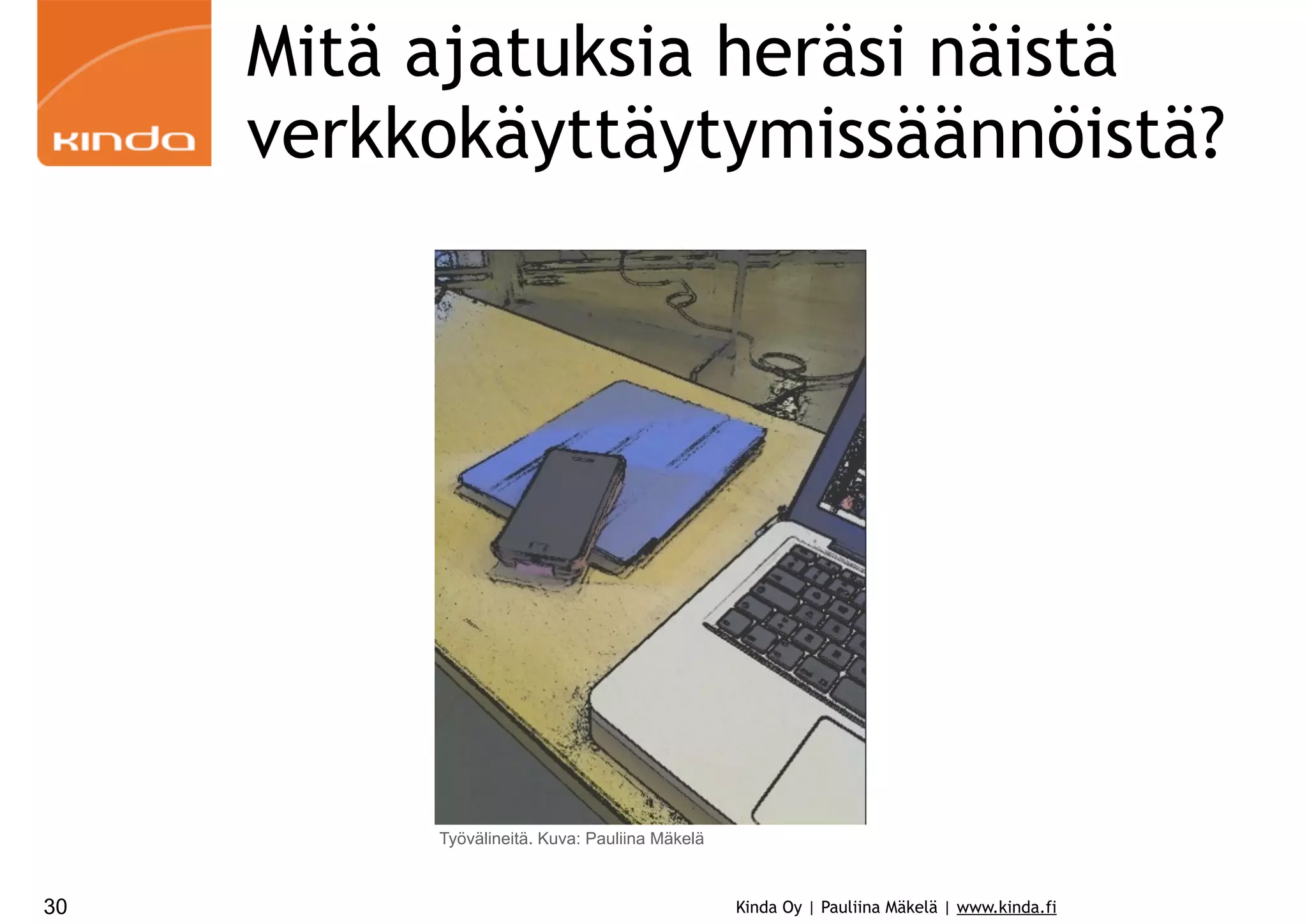 Mitä ajatuksia heräsi näistä
verkkokäyttäytymissäännöistä?

Työvälineitä. Kuva: Pauliina Mäkelä

30

Kinda Oy | Pauliina Mäkelä | www.kinda.fi

 