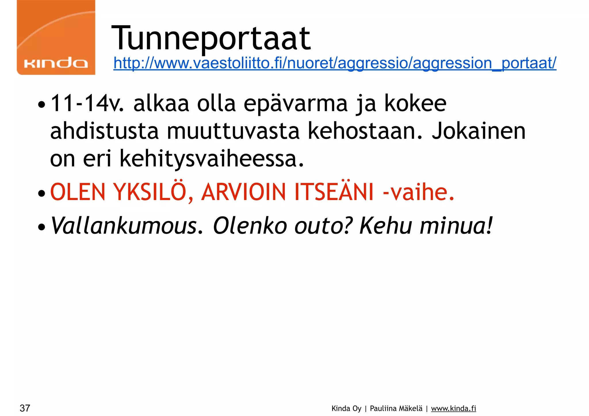 Tunneportaat

http://www.vaestoliitto.fi/nuoret/aggressio/aggression_portaat/

•11-14v. alkaa olla epävarma ja kokee
ahdistusta muuttuvasta kehostaan. Jokainen
on eri kehitysvaiheessa.
•OLEN YKSILÖ, ARVIOIN ITSEÄNI -vaihe.
•Vallankumous. Olenko outo? Kehu minua!

37

Kinda Oy | Pauliina Mäkelä | www.kinda.fi

 