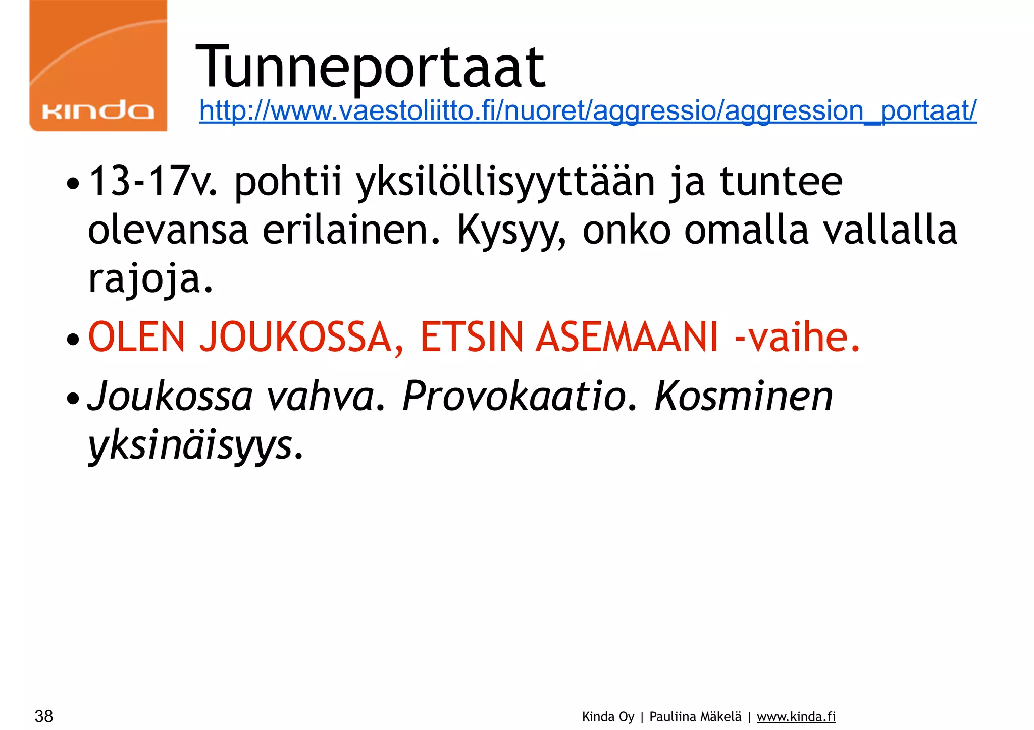 Tunneportaat

http://www.vaestoliitto.fi/nuoret/aggressio/aggression_portaat/

•13-17v. pohtii yksilöllisyyttään ja tuntee
olevansa erilainen. Kysyy, onko omalla vallalla
rajoja.
•OLEN JOUKOSSA, ETSIN ASEMAANI -vaihe.
•Joukossa vahva. Provokaatio. Kosminen
yksinäisyys.

38

Kinda Oy | Pauliina Mäkelä | www.kinda.fi

 