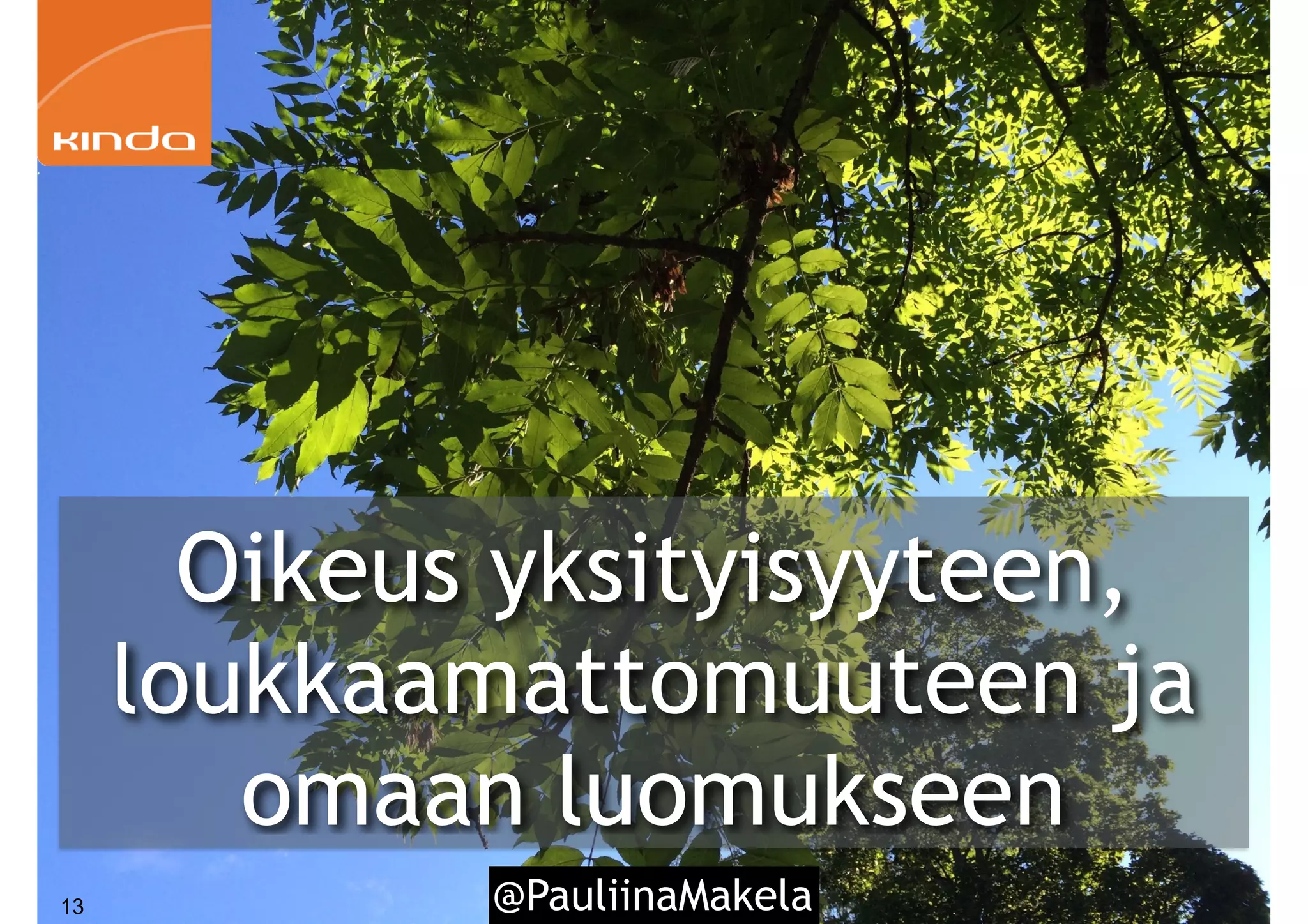 @PauliinaMakela13
Oikeus yksityisyyteen,
loukkaamattomuuteen ja
omaan luomukseen
 