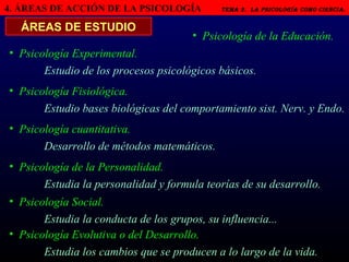 4. ÁREAS DE ACCIÓN DE LA PSICOLOGÍA   Tema 2.  LA PSICOLOGÍA COMO CIENCIA.   ÁREAS DE ESTUDIO Psicología Experimental. Estudio de los procesos psicológicos básicos. Psicología Fisiológica. Estudio bases biológicas del comportamiento sist. Nerv. y Endo. Psicología cuantitativa. Desarrollo de métodos matemáticos. Psicología de la Personalidad. Estudia la personalidad y formula teorías de su desarrollo. Psicología Social.  Estudia la conducta de los grupos, su influencia... Psicología Evolutiva o del Desarrollo.  Estudia los cambios que se producen a lo largo de la vida. Psicología de la Educación. 