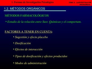 1. Formas de Investigación Psicológica   Tema 3.  LAINVESTIGACIÓN PSICOLÓGICA.   1.2. MÉTODOS ORGÁNICOS Estudio de la relación entre Sust. Químicas y el comportam. MÉTODOS FARMACOLÓGICOS FACTORES A TENER EN CUENTA : Sugestión y efecto placebo Dosificación Efectos de interacción Tipos de dosificación y efectos producidos Modos de administración  