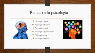 Ramas de la psicología
Psicología clínica
Psicología educativa
Psicología juvenil
Psicología organizacional
Psicologia social
Psicologia jurídica