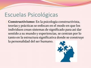Escuelas Psicológicas
Constructivismo: En la psicología constructivista,
teorías y prácticas se enfocan en el modo en que los
individuos crean sistemas de significado para así dar
sentido a su mundo y experiencias, se centran por lo
tanto en la estructura significativa donde se construye
la personalidad del ser humano.
 