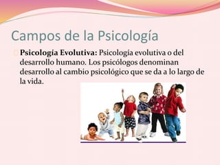 Campos de la Psicología
Psicología Evolutiva: Psicología evolutiva o del
desarrollo humano. Los psicólogos denominan
desarrollo al cambio psicológico que se da a lo largo de
la vida.
 