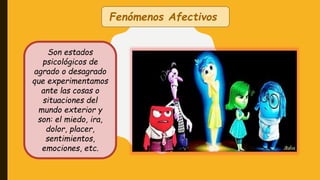 Fenómenos Afectivos
Son estados
psicológicos de
agrado o desagrado
que experimentamos
ante las cosas o
situaciones del
mundo exterior y
son: el miedo, ira,
dolor, placer,
sentimientos,
emociones, etc.
 