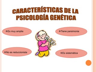 Es muy amplia Tiene parsimonia
No es reduccionista Es sistemática
 