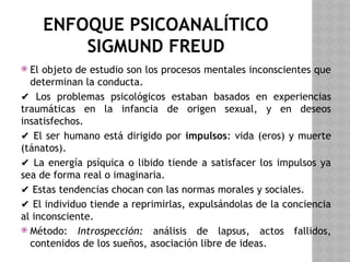 ENFOQUE PSICOANALÍTICO
SIGMUND FREUD
 El objeto de estudio son los procesos mentales inconscientes que
determinan la conducta.
✔ Los problemas psicológicos estaban basados en experiencias
traumáticas en la infancia de origen sexual, y en deseos
insatisfechos.
✔ El ser humano está dirigido por impulsos: vida (eros) y muerte
(tánatos).
✔ La energía psíquica o libido tiende a satisfacer los impulsos ya
sea de forma real o imaginaria.
✔ Estas tendencias chocan con las normas morales y sociales.
✔ El individuo tiende a reprimirlas, expulsándolas de la conciencia
al inconsciente.
 Método: Introspección: análisis de lapsus, actos fallidos,
contenidos de los sueños, asociación libre de ideas.
 