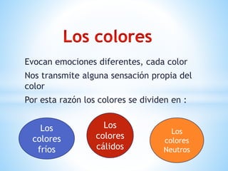 Evocan emociones diferentes, cada color
Nos transmite alguna sensación propia del
color
Por esta razón los colores se divi...